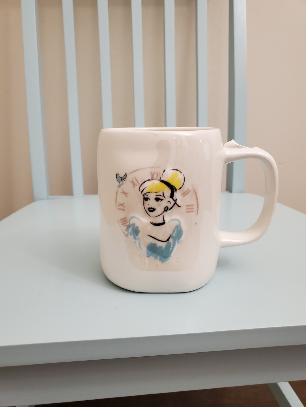 Rae Dunn White Ceramic Princess Mug with Blue & Yellow Accents